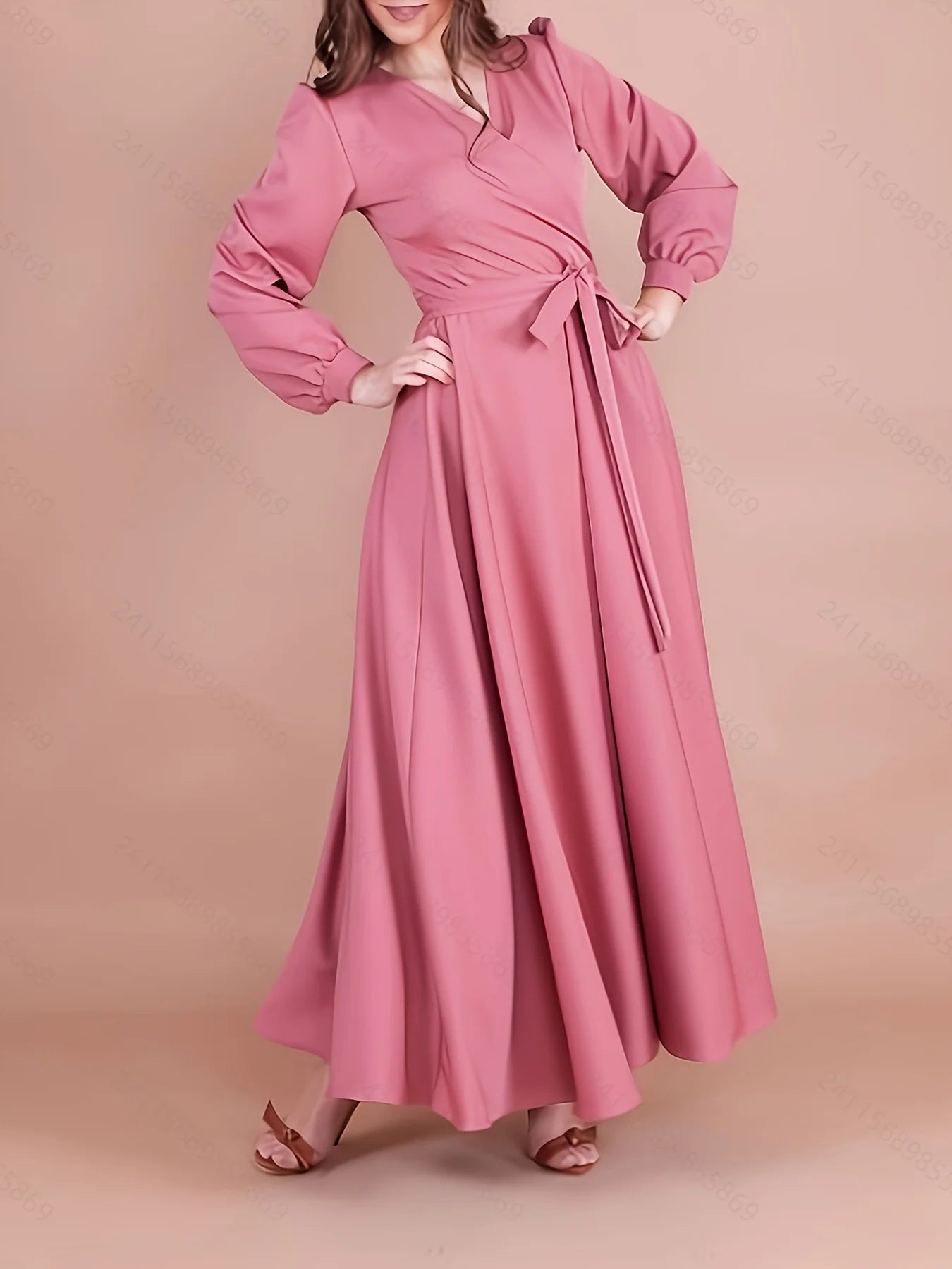 Elegant Loose Rose Red V-Neck Long Sleeve Dress for Women with Waistband Slimming Long Skirt Design