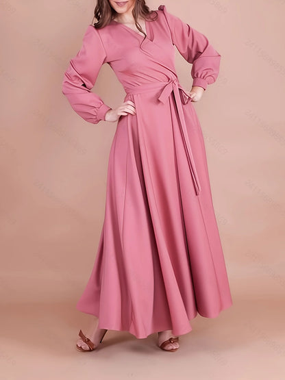 Elegant Loose Rose Red V-Neck Long Sleeve Dress for Women with Waistband Slimming Long Skirt Design