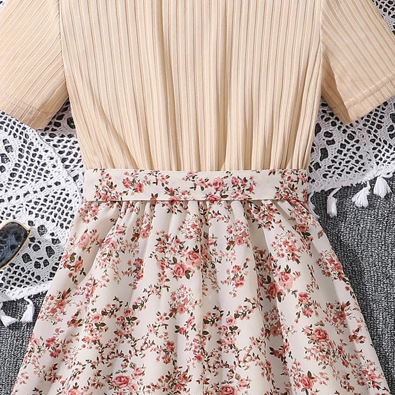 Beige Knitted Square Collar Patchwork Belted Ditsy A-line Dress Casual Style Tween Kids Dress Vacation Outgoing Daily Dress