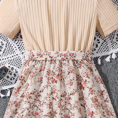 Beige Knitted Square Collar Patchwork Belted Ditsy A-line Dress Casual Style Tween Kids Dress Vacation Outgoing Daily Dress
