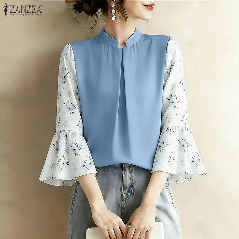 ZANZEA Summer Woman Elegant Blouses Vintage Stand Collar Floral Printed 3/4 Sleeve Pleated Tops Loose Casual Blusas de Mujer