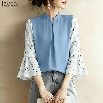 ZANZEA Summer Woman Elegant Blouses Vintage Stand Collar Floral Printed 3/4 Sleeve Pleated Tops Loose Casual Blusas de Mujer