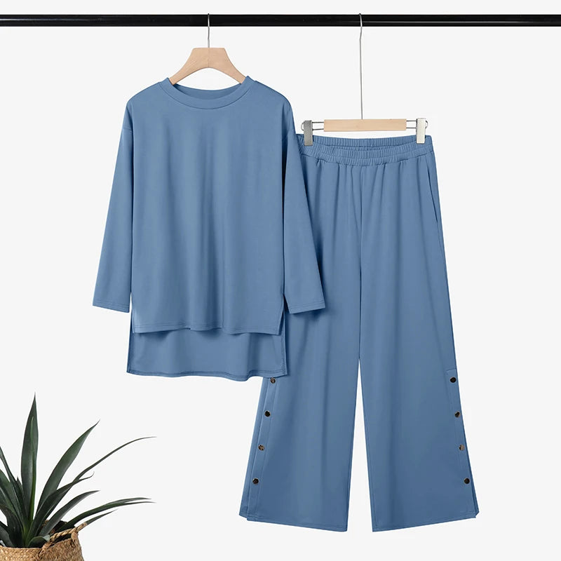 ZANZEA Autumn Outfits Women Casual O Neck Long Sleeve Tops Wide Leg Pants Sets 2 Piece Sets Solid Color Loose Tracksuit Oversize