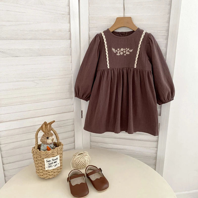 Children Girl Vintage Dress Spring Autumn Embroidered Flowers 2-7Y Kids Girls Princess Dress Long Sleeve Cotton Baby Girls Dress