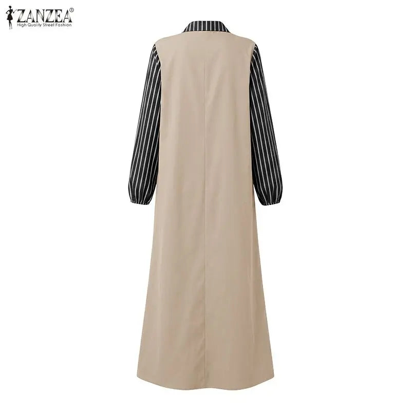 Women Stirped Patchwork Muslim Abaya Dress ZANZEA Ramadan Robe Elegant Maxi Long Dress Full Sleeve Loose Dubai Sundress Kaftan