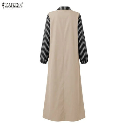 Women Stirped Patchwork Muslim Abaya Dress ZANZEA Ramadan Robe Elegant Maxi Long Dress Full Sleeve Loose Dubai Sundress Kaftan