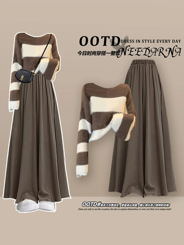 Fashion Women's Set Spring and Autumn Korean Edition Long Top Knitted Sweater+Casual Skirt Pants 3-Piece Set