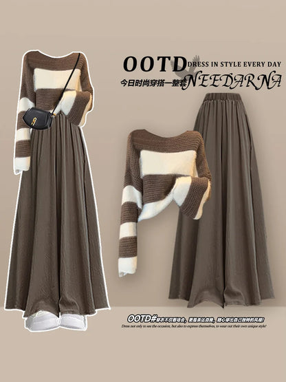 Fashion Women's Set Spring and Autumn Korean Edition Long Top Knitted Sweater+Casual Skirt Pants 3-Piece Set