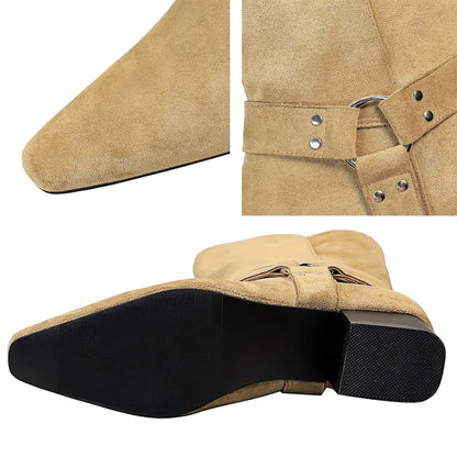 BIGTREE Shoes Women Mid-Calf Boots Retro Style Western Boots Square Head Belt Buckle Women Boots Suede Thick Heel Autumn Boots