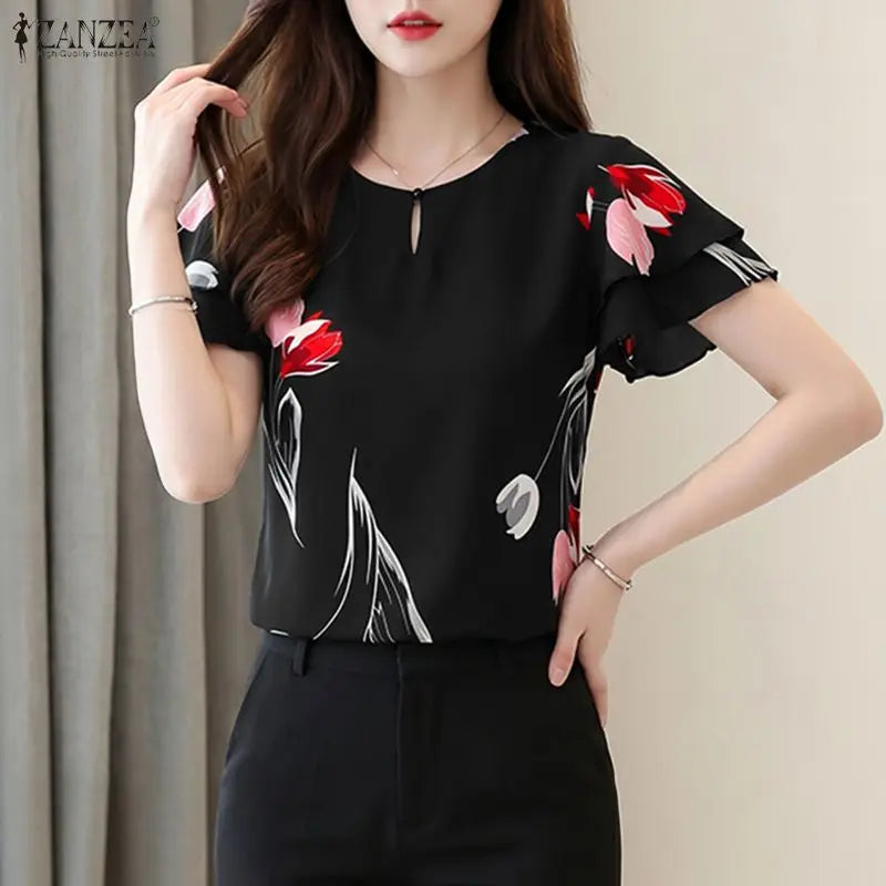 ZANZEA Woman Summer Floral Print Pullover Blouses Layered Ruffles Sleeves Keyhole O-Neck Blusas Mujer Daily Casual Dates Tops