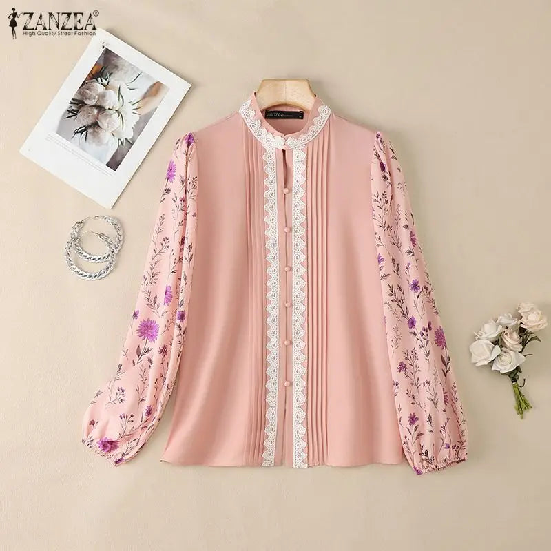 ZANZEA Lace Patchwork Pintuck Details Shirts Women's Elegant Mandarin Collar Floral Puff Sleeves Button Up Shirt Woman Tops 3XL