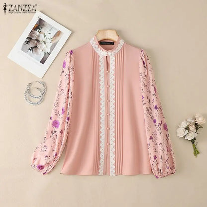 ZANZEA Lace Patchwork Pintuck Details Shirts Women's Elegant Mandarin Collar Floral Puff Sleeves Button Up Shirt Woman Tops 3XL
