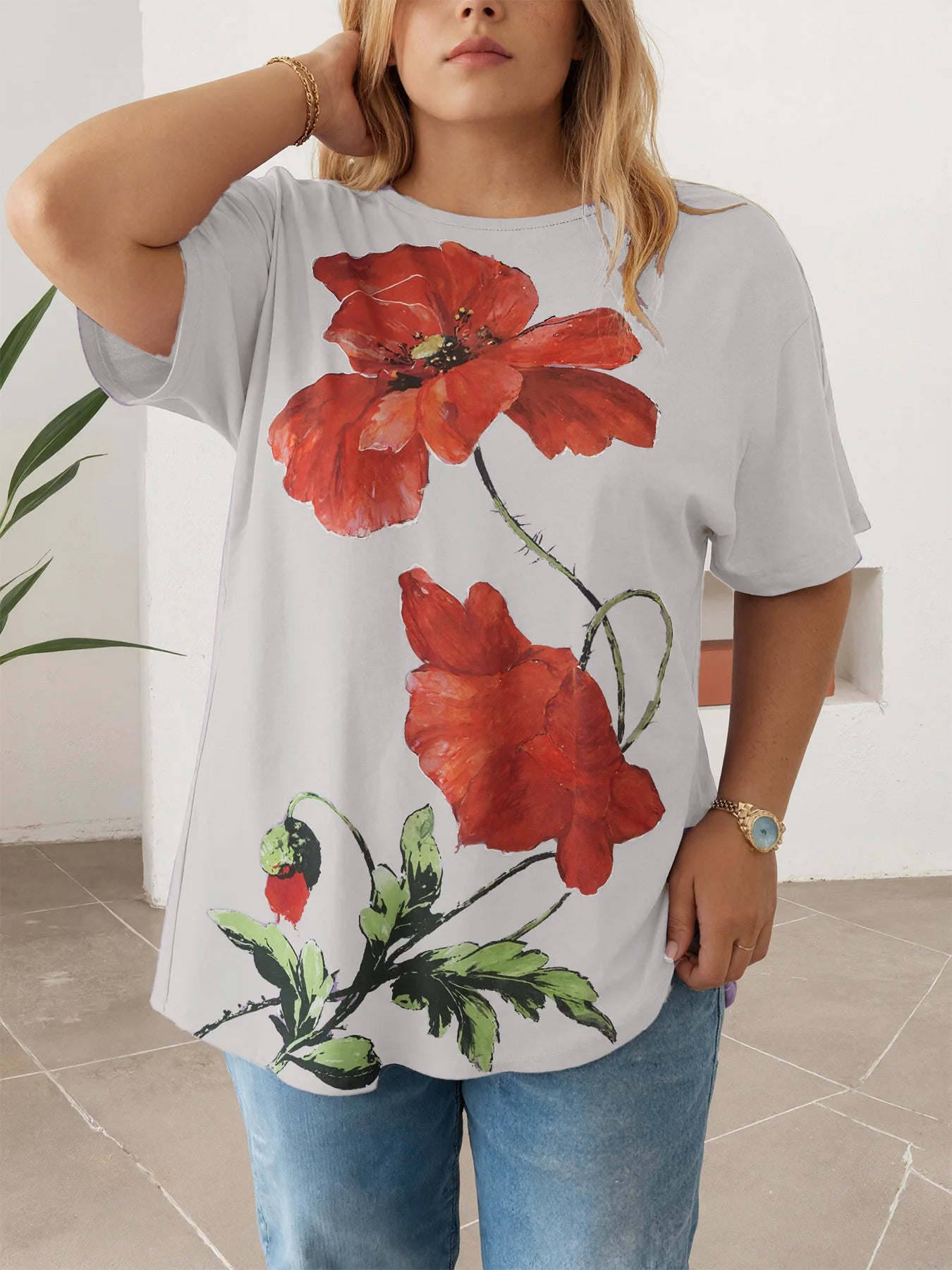 Plus Size Ladies Printed T-Shirt Loose Fit Multi-color Casual Short Sleeve O-Neck Daily Wear Tees