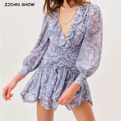 Blue Floral Print Chiffon Mini Dress Women Wood Ears Ruffles V Neck Open Buttons Slim Ruched Waist Long Sleeve Holiday Robe