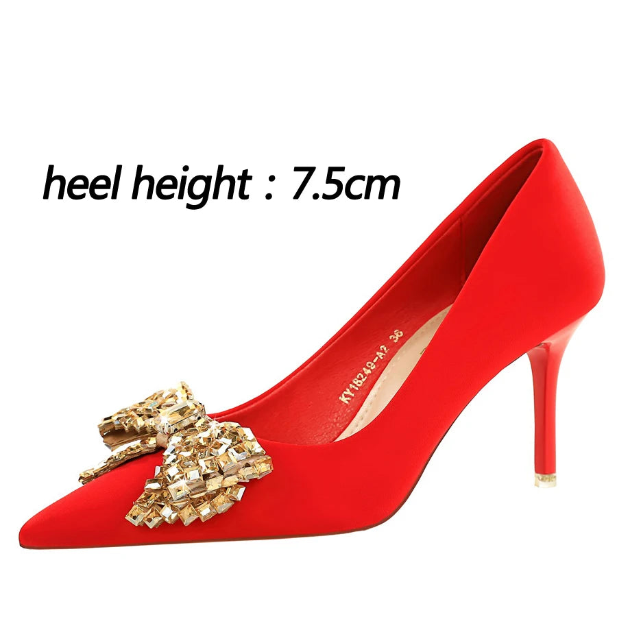 Women 7.5 cm 10.5 cm Heels Rhinestone Bow Women Pumps Silks Satins High Heels Stiletto Luxury Banquet Shoes Large Size 42 43