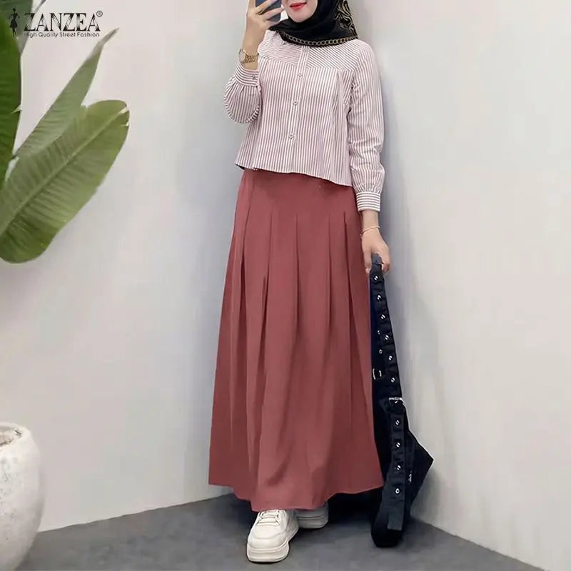 ZANZEA 2PCS Women Muslim Matching Sets Elegant Long Sleeve Striped Shirt Dress Suit Ramadan Outfits Fashion Hijab 2 Pieces Sets