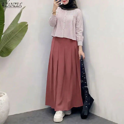 ZANZEA 2PCS Women Muslim Matching Sets Elegant Long Sleeve Striped Shirt Dress Suit Ramadan Outfits Fashion Hijab 2 Pieces Sets