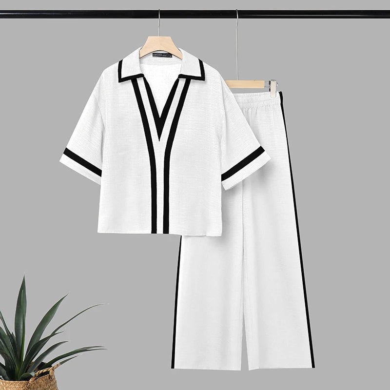 ZANZEA Patchwork 2 Pieces Sets OL Style Fashion Women Pants Sets Turn Down Collar Half Sleeve Shirt Trousers Suit Casual Outfits