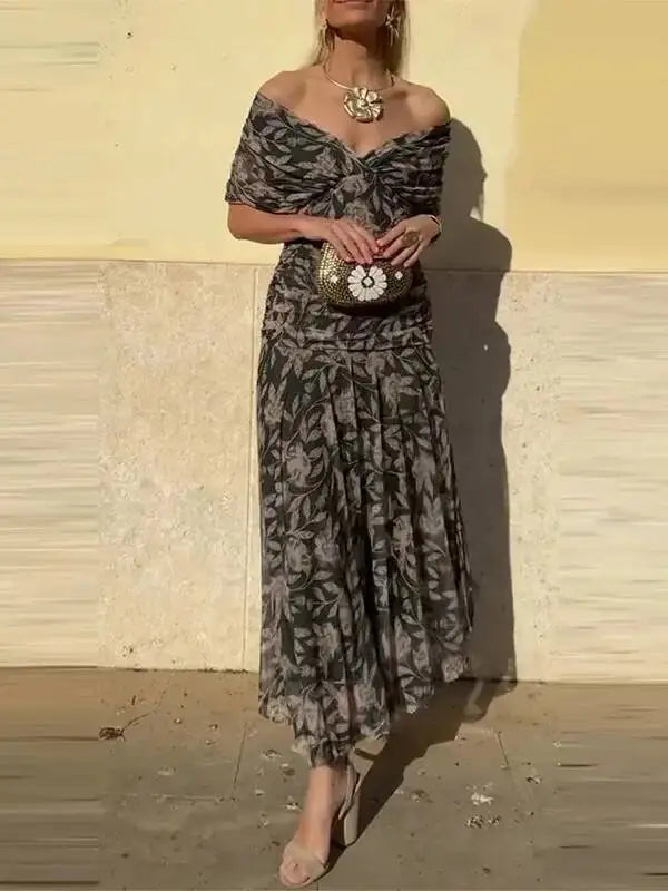 Floral Print High Waist Pleat Party Dress Elegant Women Bat Sleeve Swing Party Dress Female Chest Low Cocktail A-Line Dress HPSW