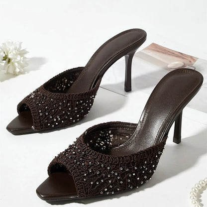 Brown Woven Mesh Women's Slippers Sexy Peep-Toe High Heels for Ladies Luxury Rhinestone Decoration Mules Sandals Elegant Shoes