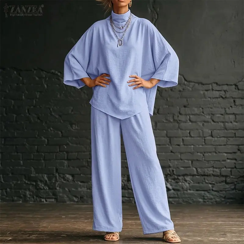 ZANZEA Stylish Autumn 2 Pieces Sets Turtleneck 3/4 Bating Sleeve Oversize Blouse Trousers Suit Women 2PCS Outfits OL Tracksuit