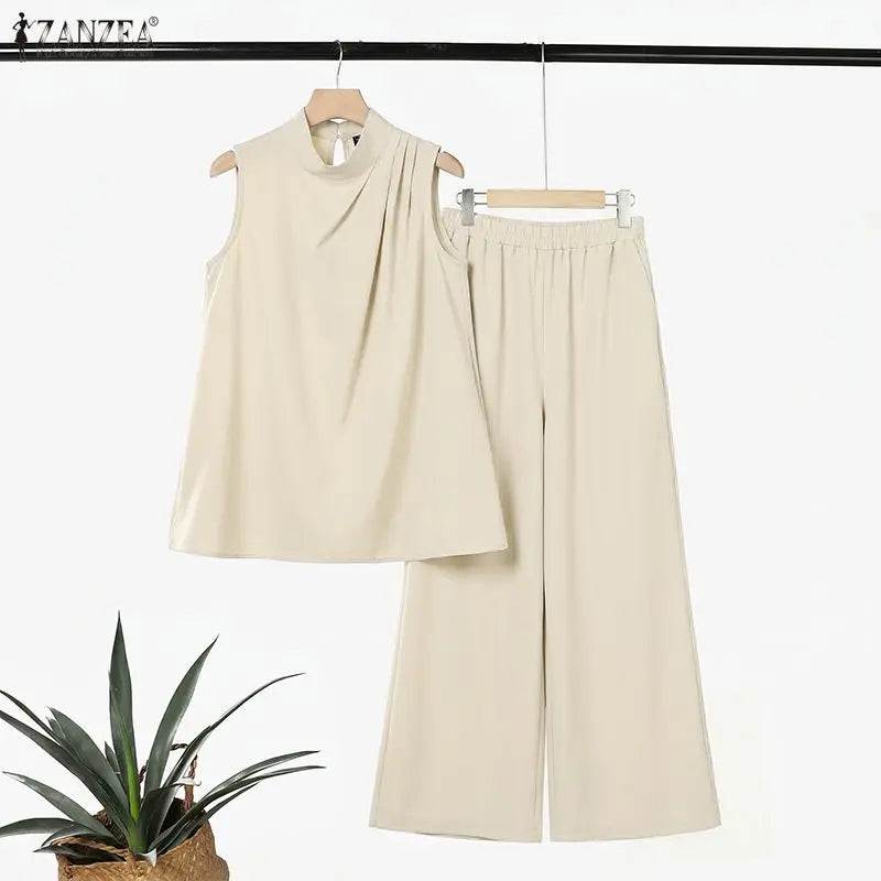 ZANZEA Women Minimalist 2pcs Matching Pant Sets Turtleneck Sleeveless Tops & Wide Leg Pants Suits Summer Commute 2 Piece Outfits