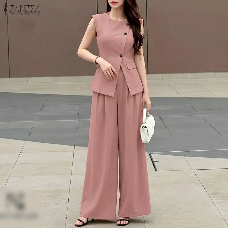 Fashion Women 2 Pieces Sets ZANZEA Summer Sleeveless Buttons -Up Tanks Tops Pants Sets Elegant Solid OL Work Tracksuit Outfits