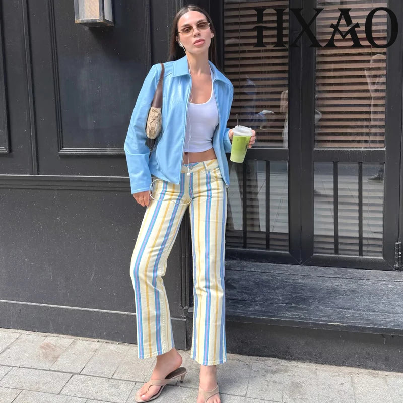 HXAO Striped Women's Jeans Straight Low Landing Jeans Woman Fitted Pocket Flared Jeans Summer Casual Streetwear Denim Trousers