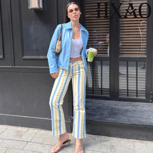 HXAO Striped Women's Jeans Straight Low Landing Jeans Woman Fitted Pocket Flared Jeans Summer Casual Streetwear Denim Trousers