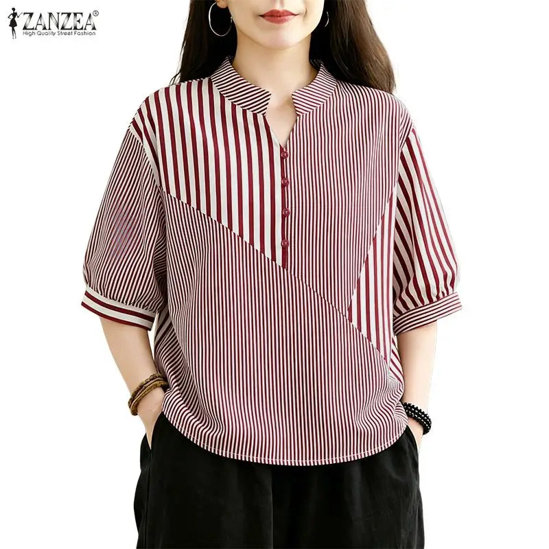 ZANZEA Casual Striped Patchwork Blouses for Woman Stand Collar Half Puff Sleeve Day Wear Tops Summer 2026 Loose Blusas de Mujer