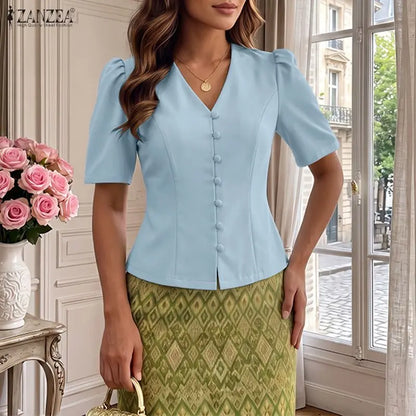 ZANZEA Elegant Woman Princess Seam Blouses Summer V-Neck Puff Sleeves Button Up Solid Short Tops Sophisticated Date Night Blusas