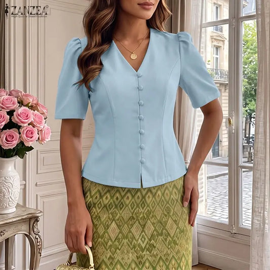 ZANZEA Elegant Woman Princess Seam Blouses Summer V-Neck Puff Sleeves Button Up Solid Short Tops Sophisticated Date Night Blusas