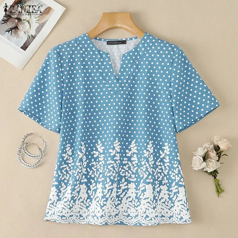 ZANZEA Women Blouse Short Sleeve Top Loose Elegant Office Casual V-Neck Polka Dot Summer Blusas Streetwear Tunic Tee