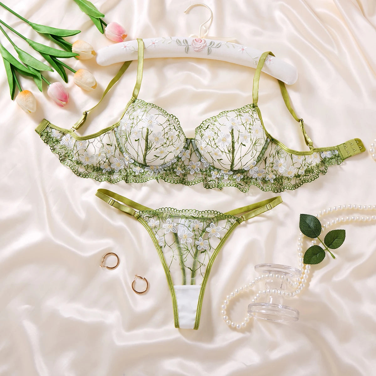 Ladies Sage Green Flower Embroidered Lace Bra Thong Set Sheer Mesh Lingerie Outfit Romantic Intimate Sleepwear ZA825194