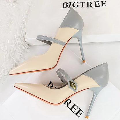 BIGTREE Shoes Color Block Women Pumps Buckle Design High Heels Stiletto 10 CM Fashion Banquet Shoes Luxury Office Shoes Size 43