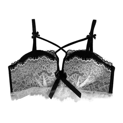 BANERDANNI Kawaii Anime Bra Set Japan Maid Lace Bralette with Thicken Pads Cut-Out Design Small Bust Enhancer Pure-Sex Underwear