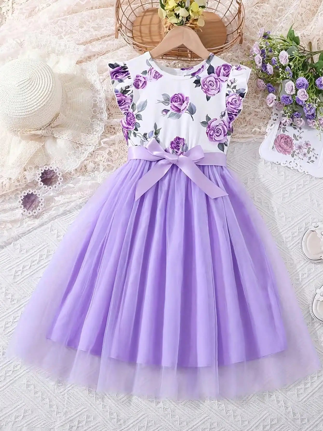 2026 Summer New Collection, Children's and Women's Clothing, Small Flying Sleeve Printed Round Neck Cute Plush Dress