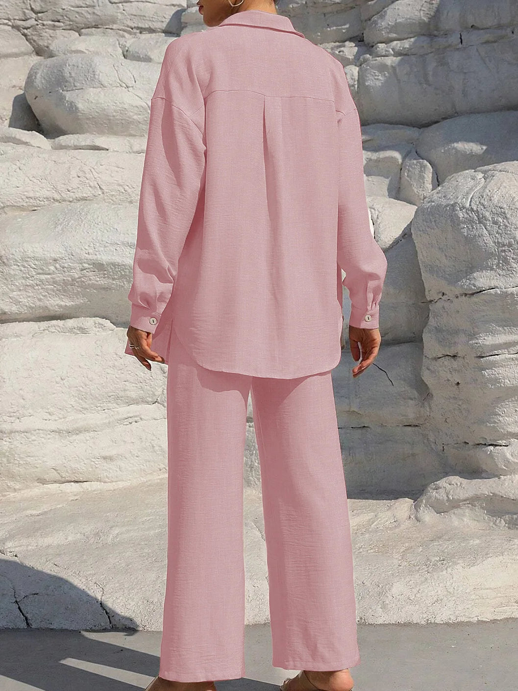 Women's Solid Button Front Shirt & Tie Front Wide Leg Pants Two-piece Set, Casual Drop Shoulder Long Sleeve Blouse Top & Trouser