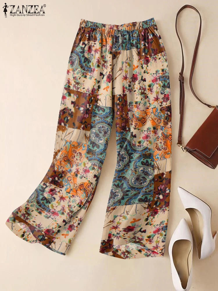 ZANZEA Woman Casual Wide Leg Pants Vintage Floral Paisley Printed Elastic Waist Trousers 2025 Spring Breathable Cotton Pantalon
