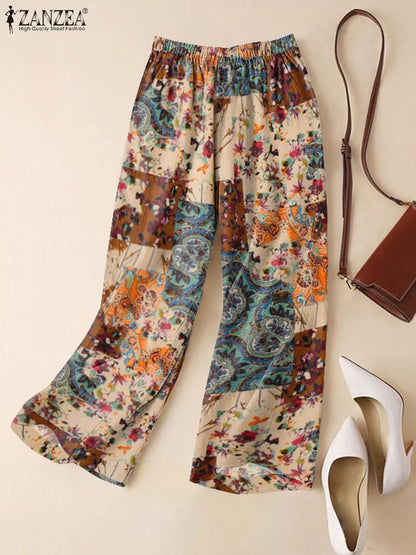 ZANZEA Woman Casual Wide Leg Pants Vintage Floral Paisley Printed Elastic Waist Trousers 2025 Spring Breathable Cotton Pantalon