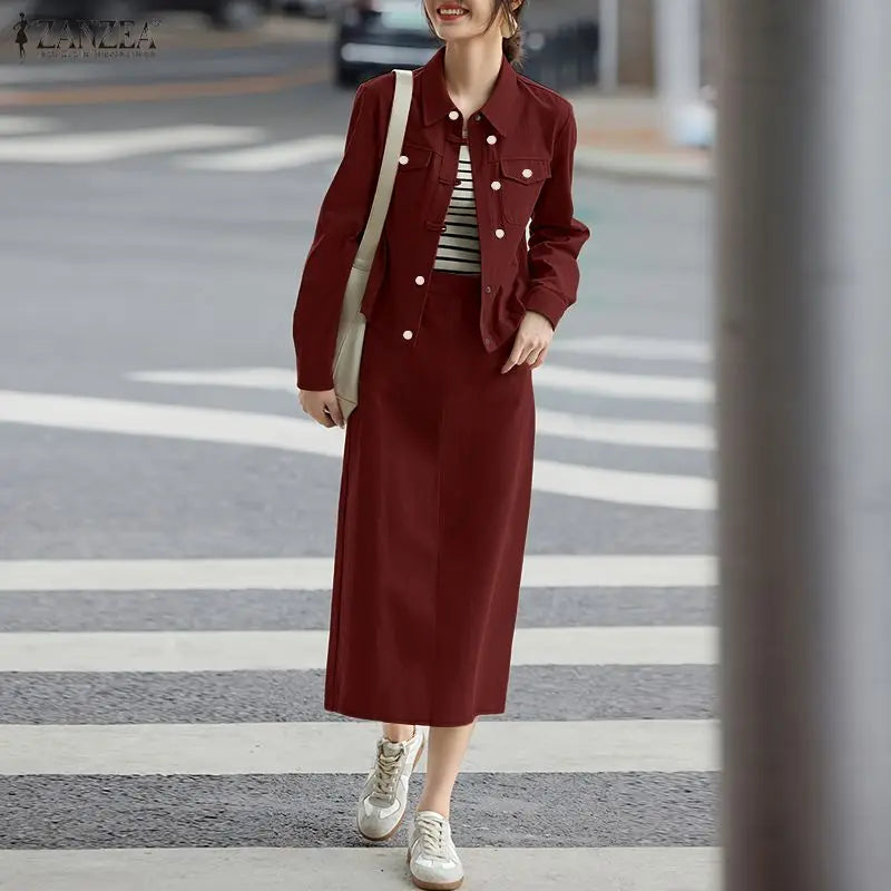 ZANZEA Fashion Women's Skirt Suits Autumn Long Sleeve Jackets and Elastic Waist Midi Skirts 2 Piece Sets Outfits Woman Clothes