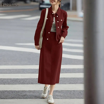 ZANZEA Fashion Women's Skirt Suits Autumn Long Sleeve Jackets and Elastic Waist Midi Skirts 2 Piece Sets Outfits Woman Clothes