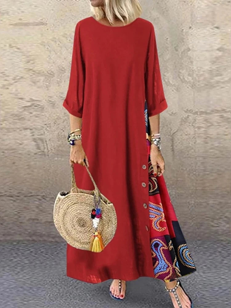Women Vintage Harajuku Long Dress Bohemian Stitching Print 3/4 Sleeve O Neck Loose Oversized Maxi Dress Casual Elegant Robe