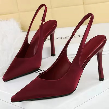 BIGTREE Shoes New Silks Satins Women Pumps Rear Strap Pointed End High Heels Stiletto Heels 9.5 Cm Summer High-Heeled Sandals