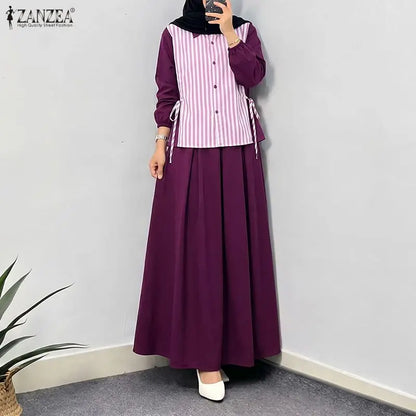 ZANZEA Eid Mubarek Outfits Muslim Sets Hijab Women Long Sleeve Patchwork Shirt Maxi Long Skirt Suit Dubai 2 Pieces Sets Ramadan