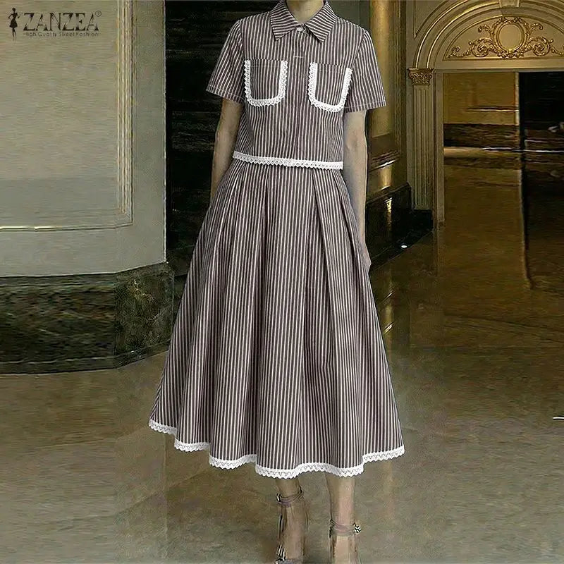 ZANZEA Women's Lace Trim Striped Skirt Suits Short Sleeve Crop Shirt & A-Line Midi Skirt 2 Pieces Sets Fashion Skirt Sets Outfit