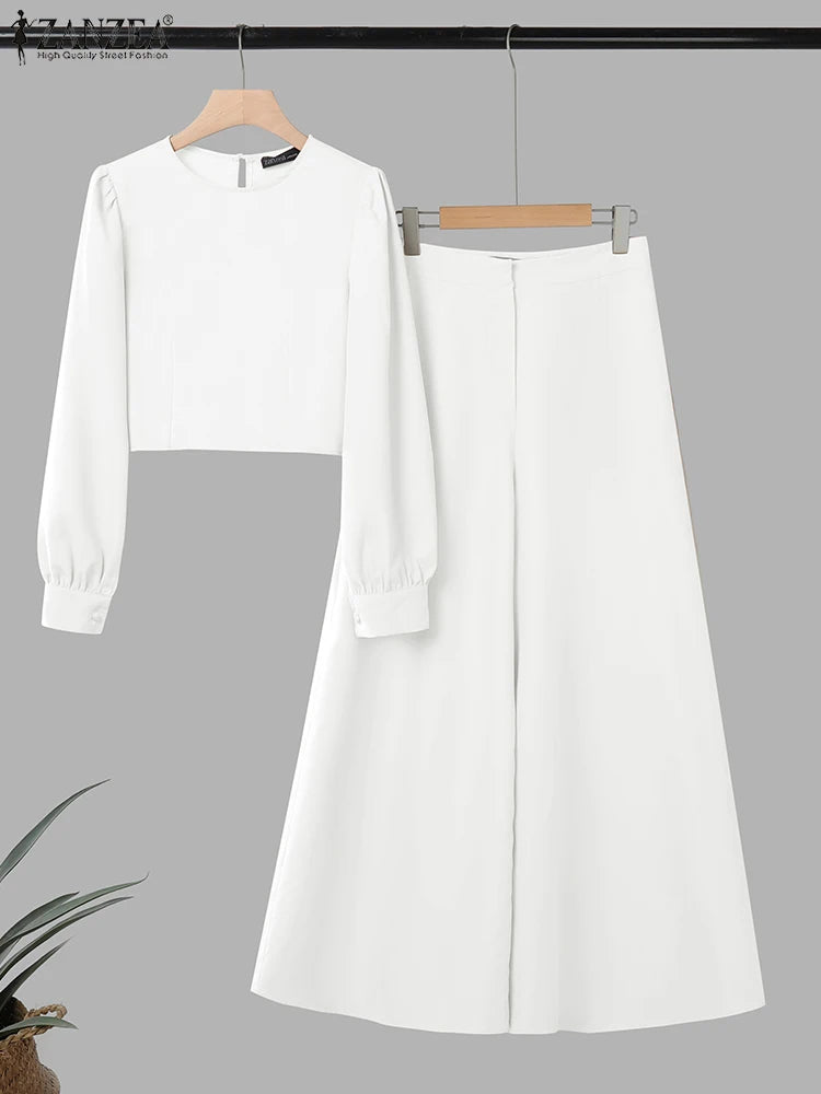 2025 ZANZEA Autumn Pant Sets 2PCS Women Outfits Long Sleeve Cropped Tops Wide Leg Trousers Solid Tracksuits Suit Matching Sets