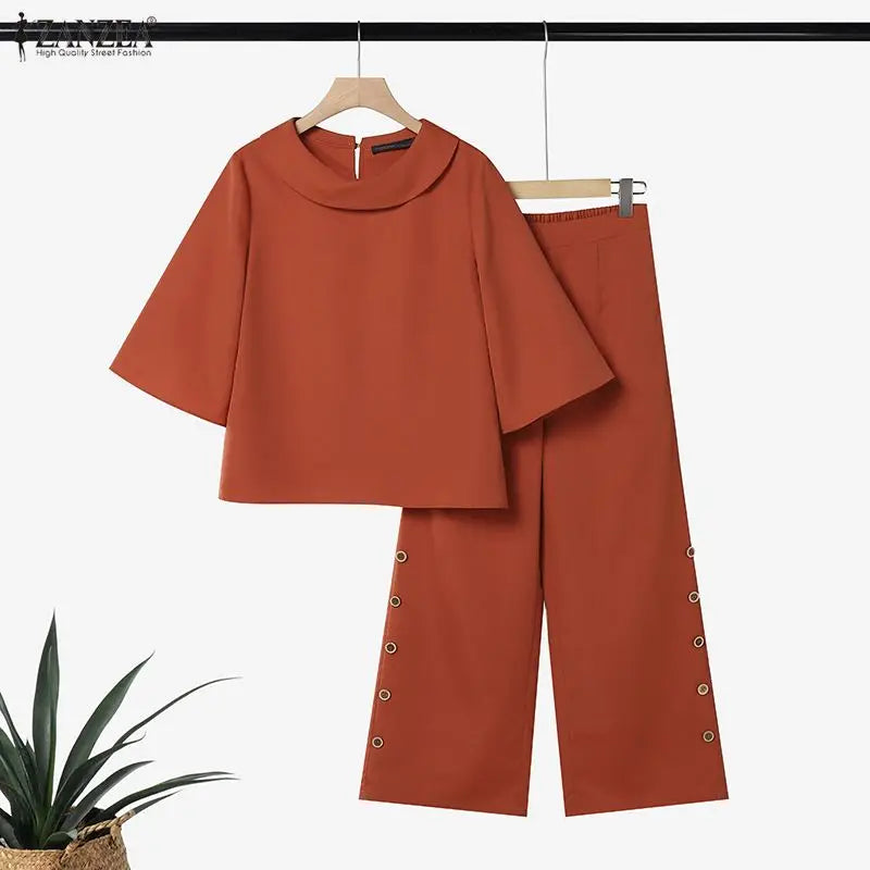 ZANZEA Women Casual Loose Pant Suits Wide Leg Pant & 3/4 Sleeve Blouse 2 Pieces Sets Summer Daily Solid Color Pant Sets Outfits