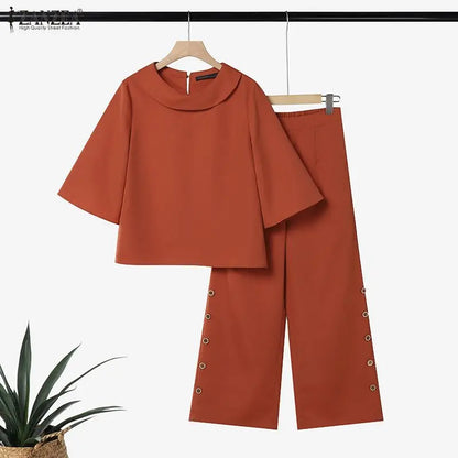 ZANZEA Women Casual Loose Pant Suits Wide Leg Pant & 3/4 Sleeve Blouse 2 Pieces Sets Summer Daily Solid Color Pant Sets Outfits