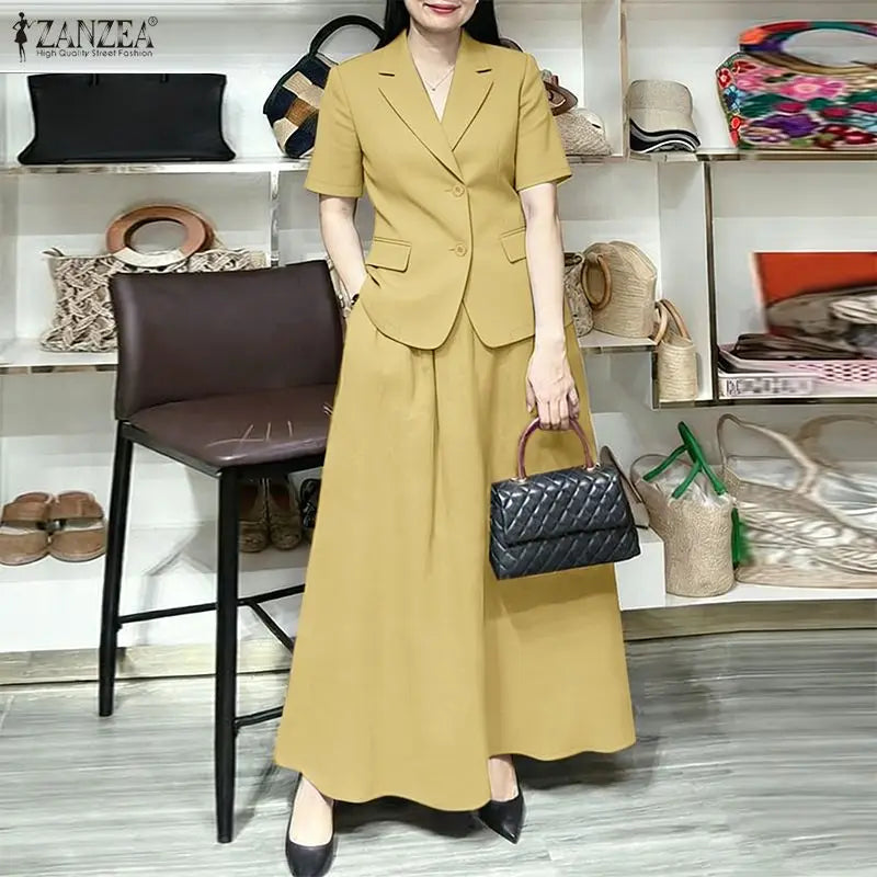 ZANZEA Women Elegant Chic Matching Skirt Sets Lapel Collar Short Sleeve Tops & A-Line Maxi Skirts 2pcs Suits Office Wear Outfits